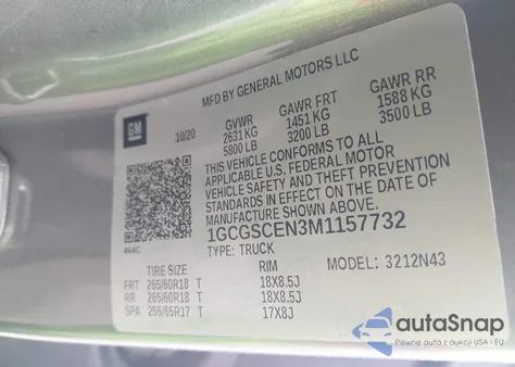 2021 Chevrolet Colorado 2Wd Short Box Lt z USA, uszkodzony, nr VIN 1GCGSCEN3M1157732